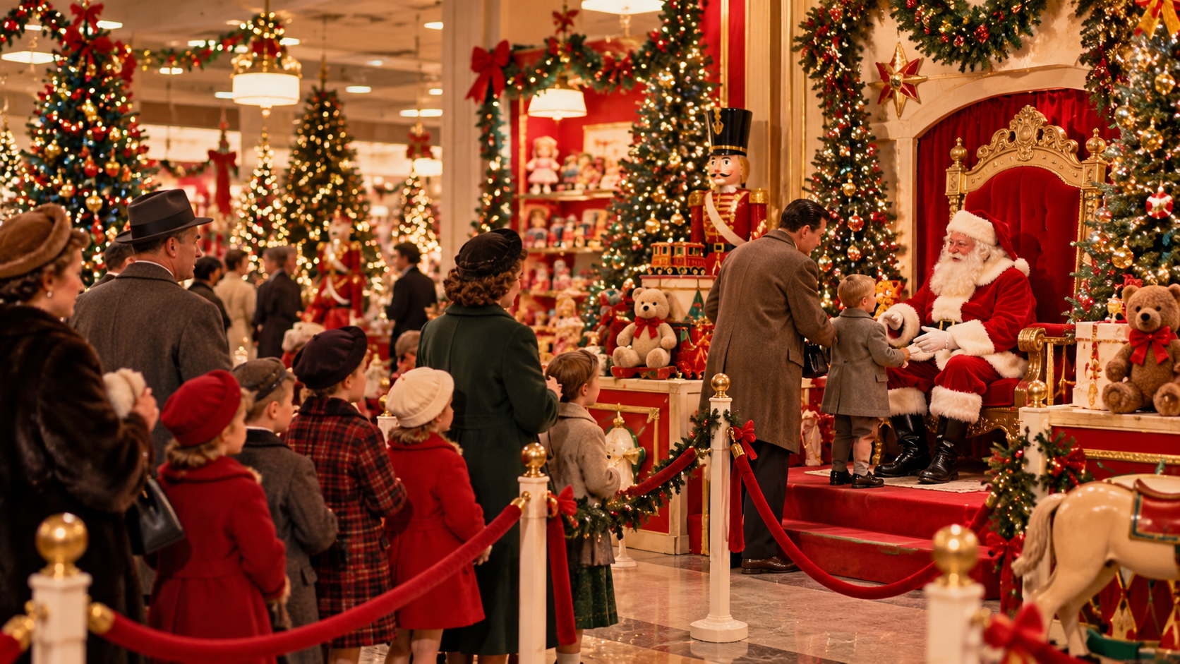 Families waiting to visit Santa in a nostalgic department store Christmas display