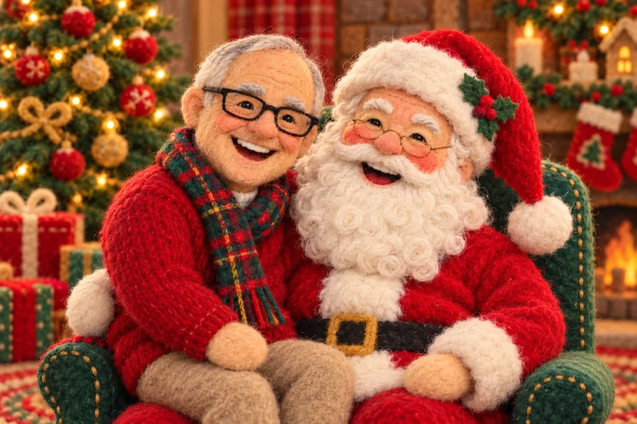 Same guest sitting on Santa's lap as handmade wool figures