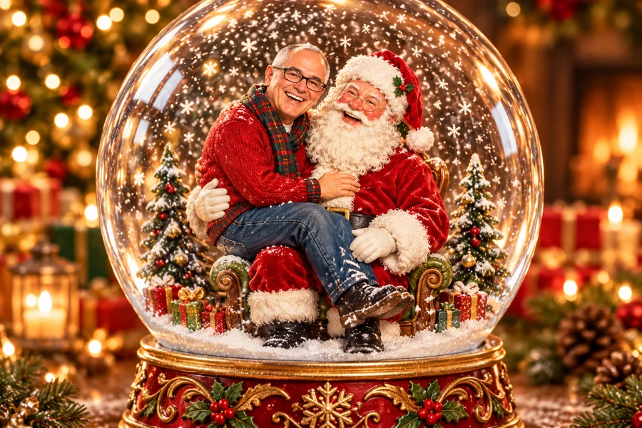 Same guest sitting on Santa's lap inside a festive glass snow globe